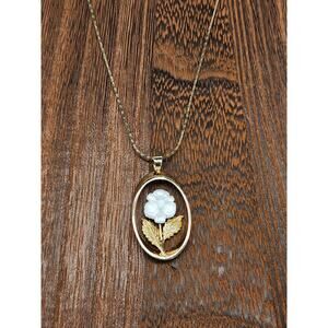 Vintage Floral Gold Tone Oval Pendant w/ Mother of Pearl, Original Chain, 18"